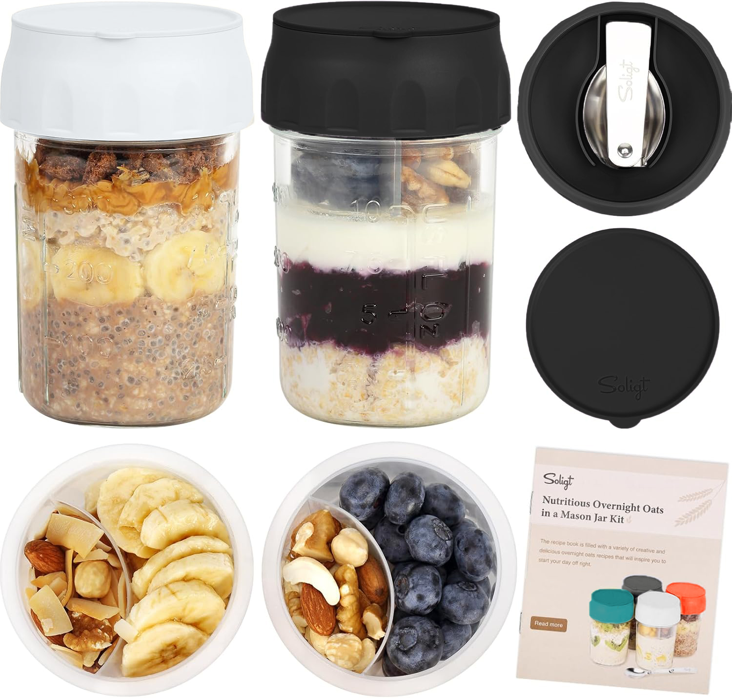 Overnight Oats Containers with Lids Folding Spoons & Divided Compartments 