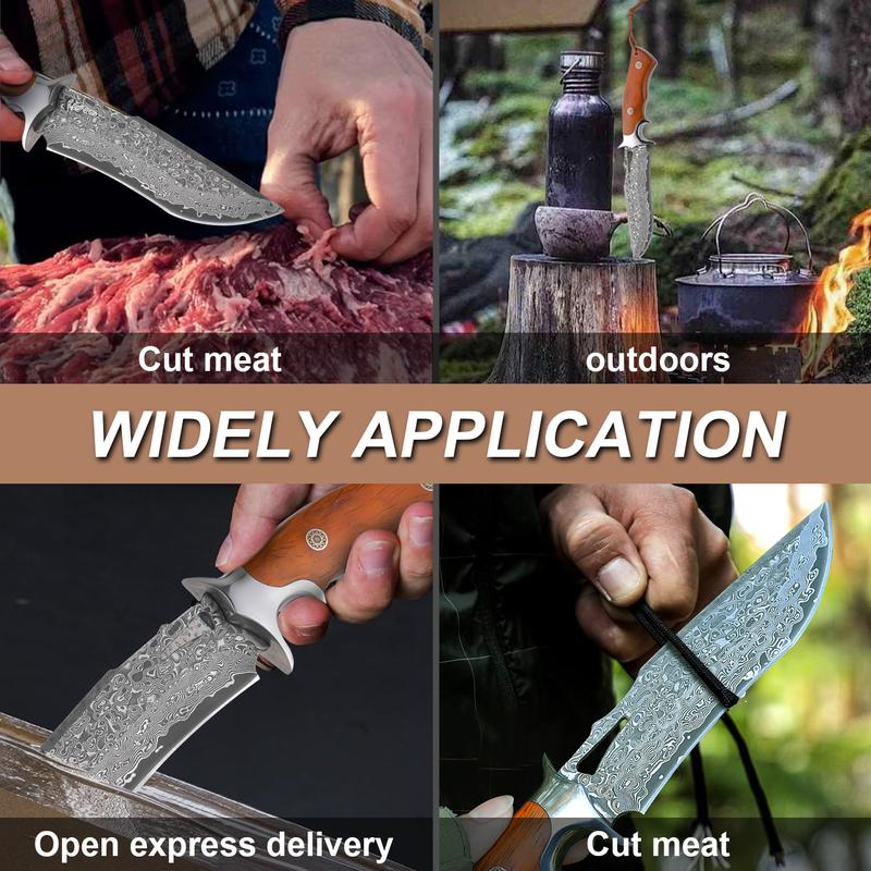 High-end Damascus outdoor straight knife, fixed blade, wooden handle and leather sheath, easy to carry, quick cutting, Christmas holiday gift, men's, outdoor camping knife, knife, mountaineering