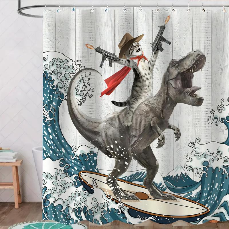 Dinosaur and Cat Pattern Removable Shower Curtain |  Waterproof Bathroom Curtain with 12 Hooks,