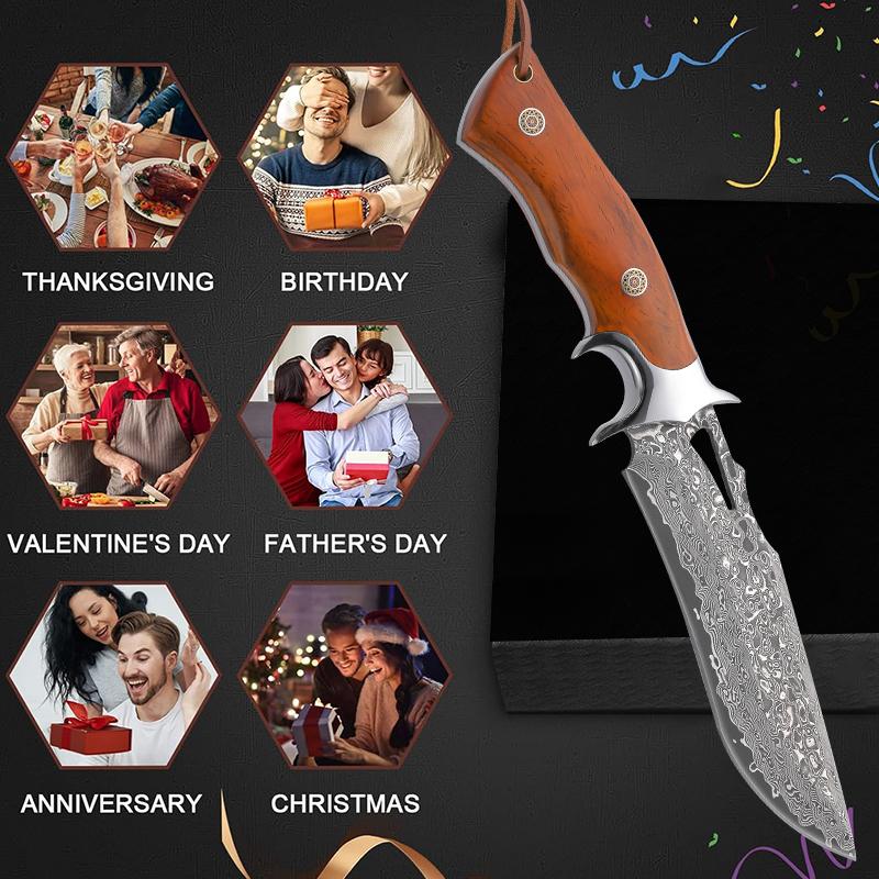 High-end Damascus outdoor straight knife, fixed blade, wooden handle and leather sheath, easy to carry, quick cutting, Christmas holiday gift, men's, outdoor camping knife, knife, mountaineering