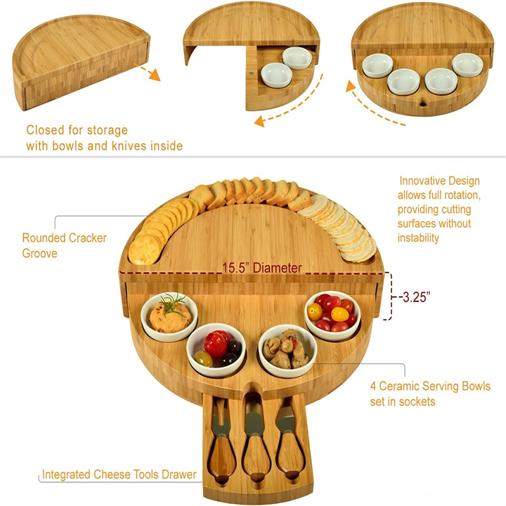 🧀2024 Bamboo Swivel Charcuterie Board🔥With 4 Integrated Ceramic Bowls And 3 Piece Knife Set