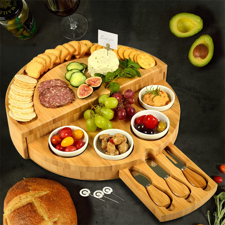 🧀2024 Bamboo Swivel Charcuterie Board🔥With 4 Integrated Ceramic Bowls And 3 Piece Knife Set