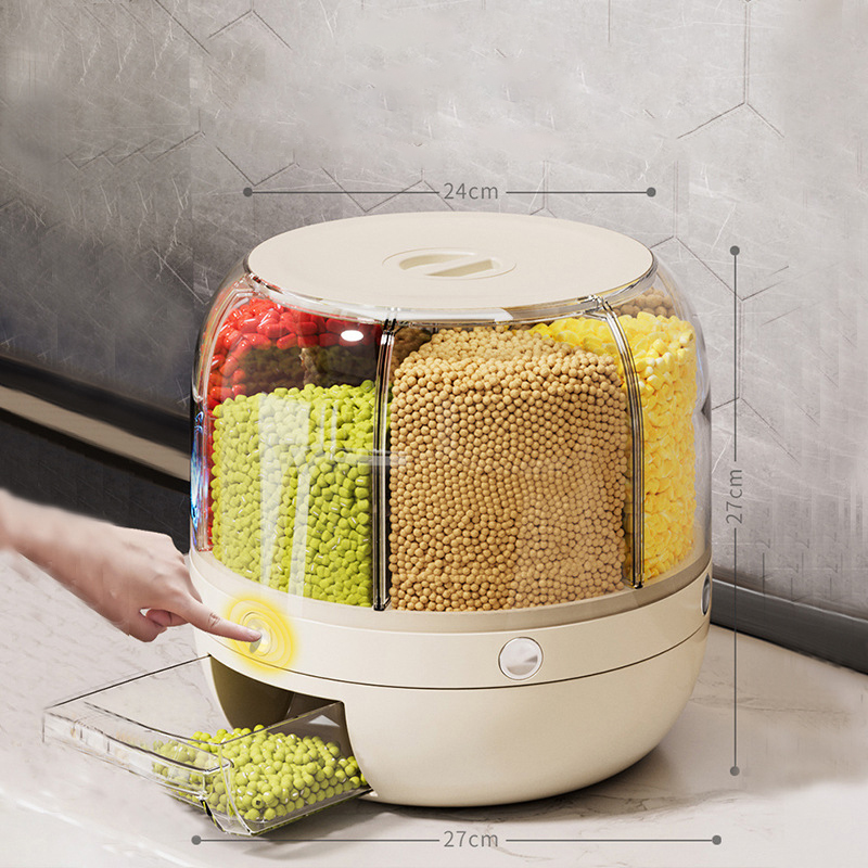 6 Grid Food Storage Dispenser Rice & Grain Storage Container 360°
