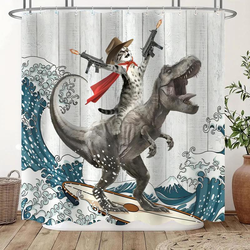 Dinosaur and Cat Pattern Removable Shower Curtain |  Waterproof Bathroom Curtain with 12 Hooks,
