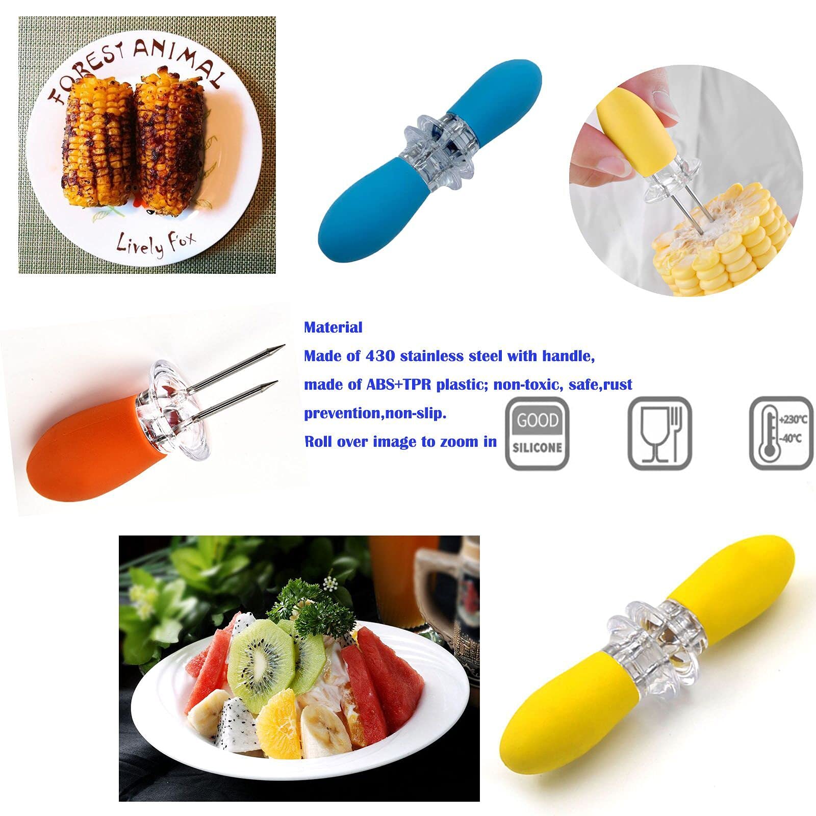Safe Interlocking Forks for Corn on the Cob Skewers with Silicone Handle