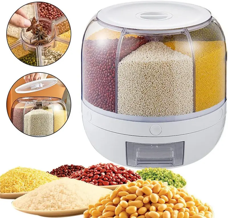 6 Grid Food Storage Dispenser Rice & Grain Storage Container 360°