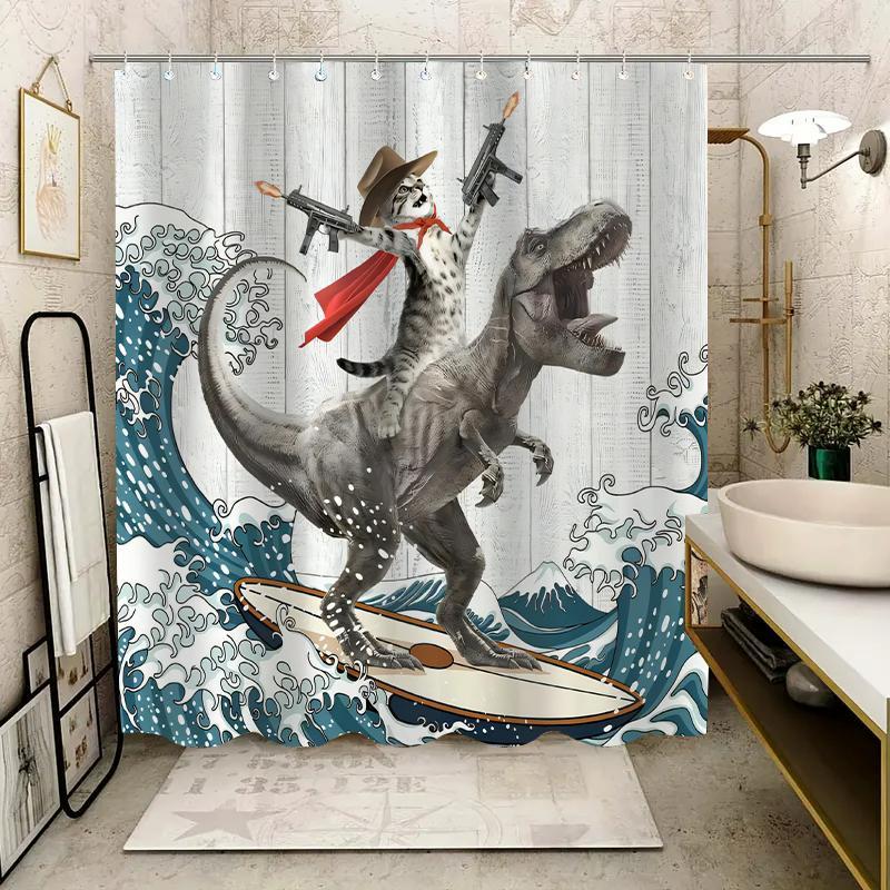 Dinosaur and Cat Pattern Removable Shower Curtain |  Waterproof Bathroom Curtain with 12 Hooks,