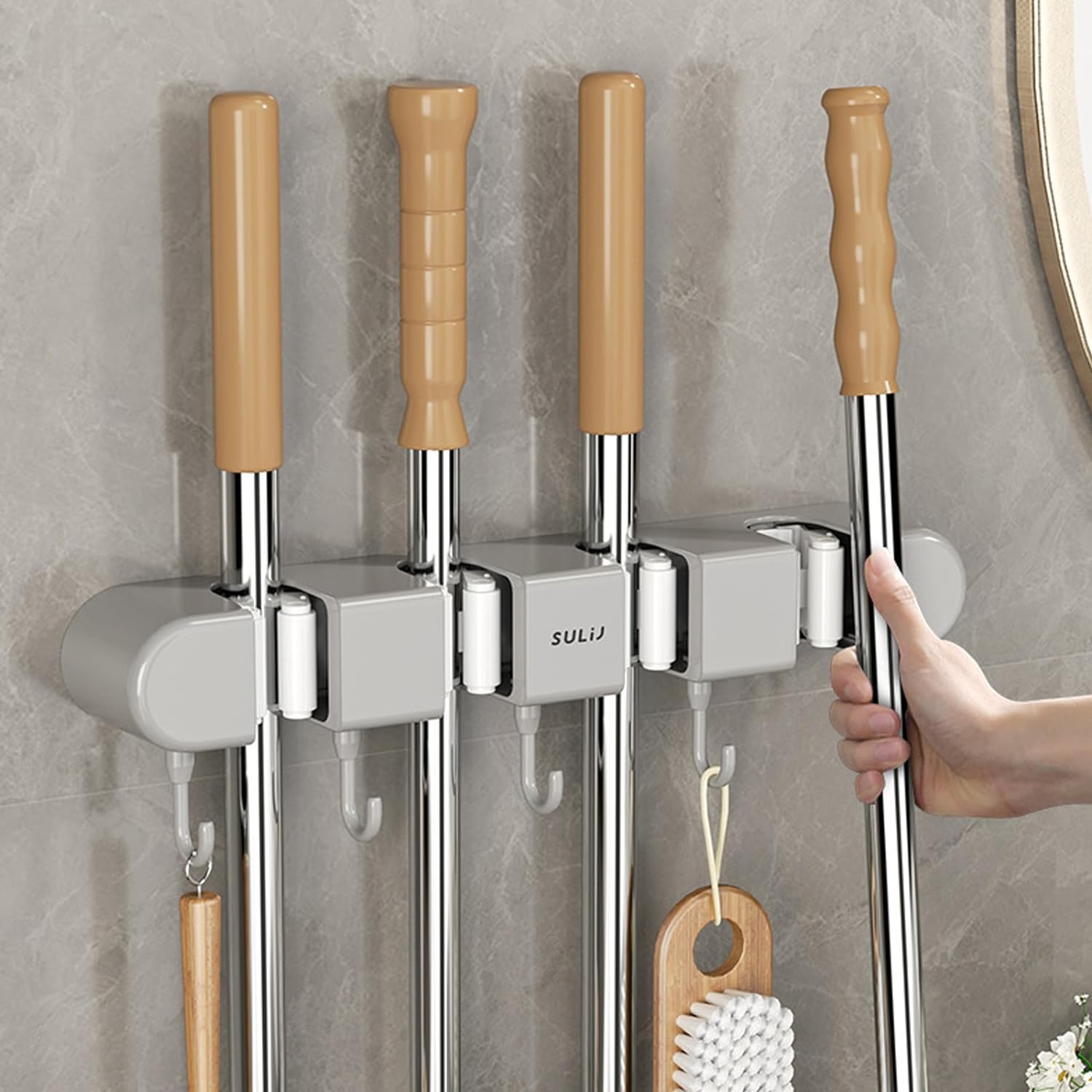 Wall Mounted Broom Mop Grippers with 5 Hook Self-Adhesive