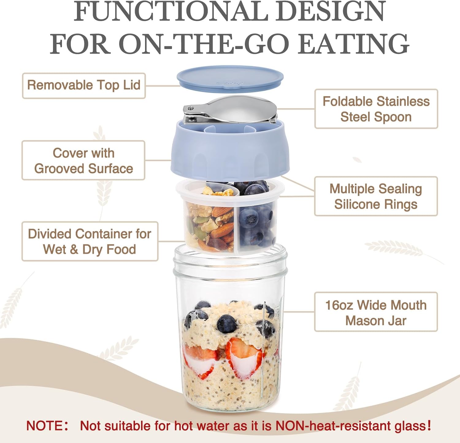 Overnight Oats Containers with Lids Folding Spoons & Divided Compartments 