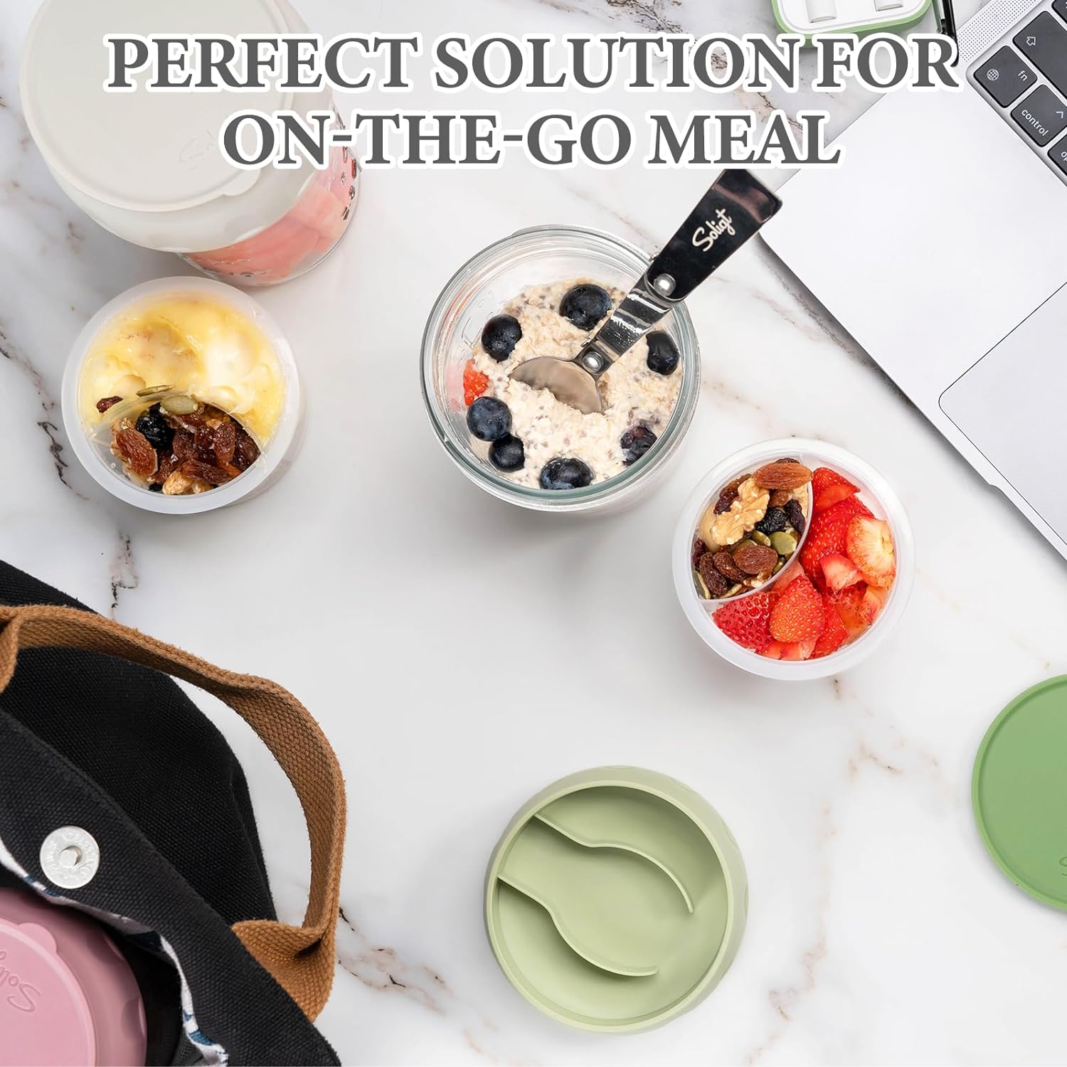 Overnight Oats Containers with Lids Folding Spoons & Divided Compartments 