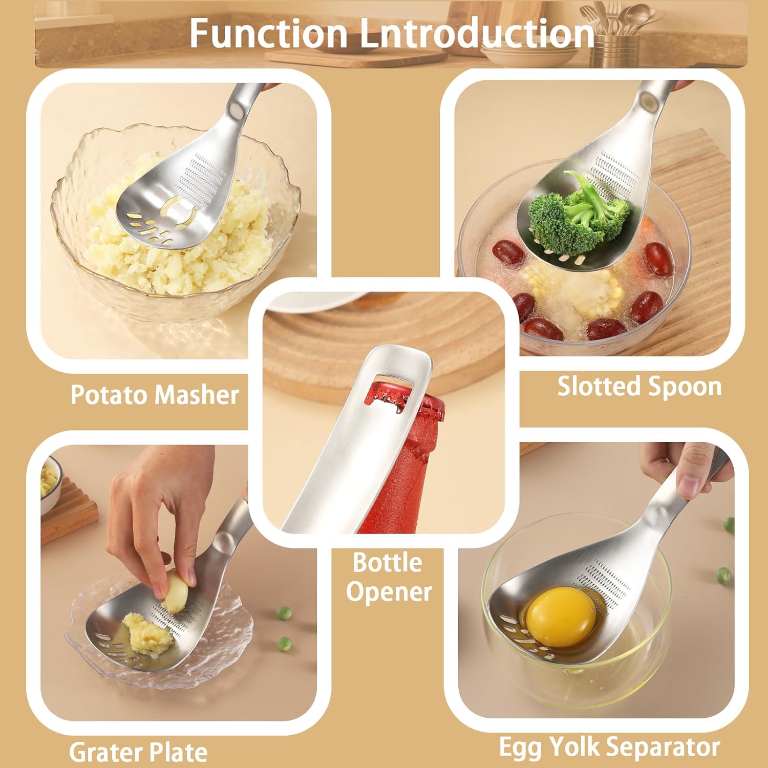 5-in-1 Multi-Function Kitchen Spoon – Slotted, Grater, Egg Separator, Masher & Bottle Opener