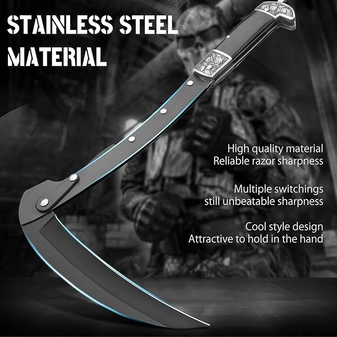 VALHALLA Folding Sickle,Black Sharp Folding Scythe with 2 Sections