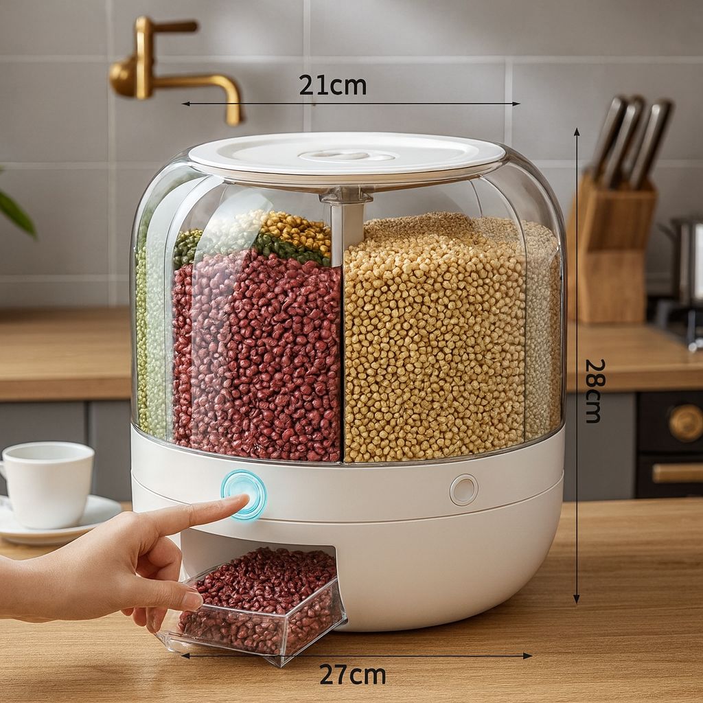 6 Grid Food Storage Dispenser Rice & Grain Storage Container 360°