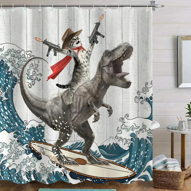Dinosaur and Cat Pattern Removable Shower Curtain |  Waterproof Bathroom Curtain with 12 Hooks,