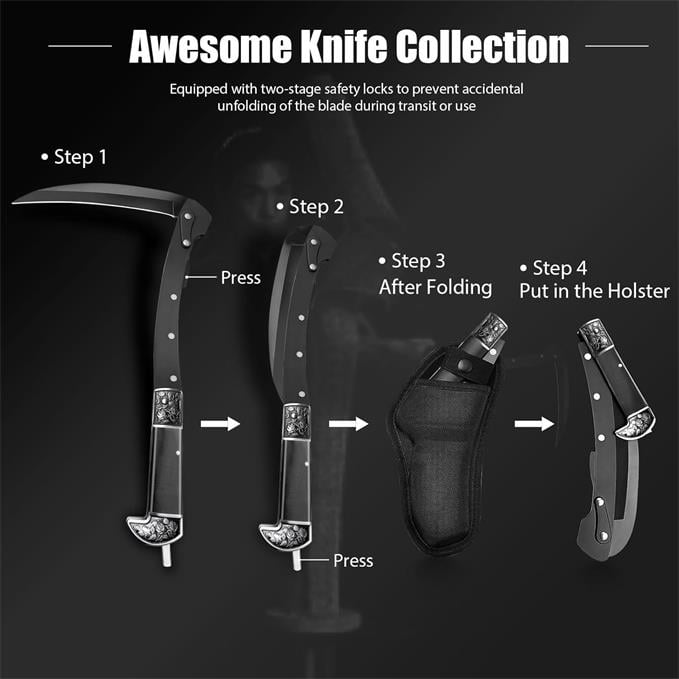 VALHALLA Folding Sickle,Black Sharp Folding Scythe with 2 Sections