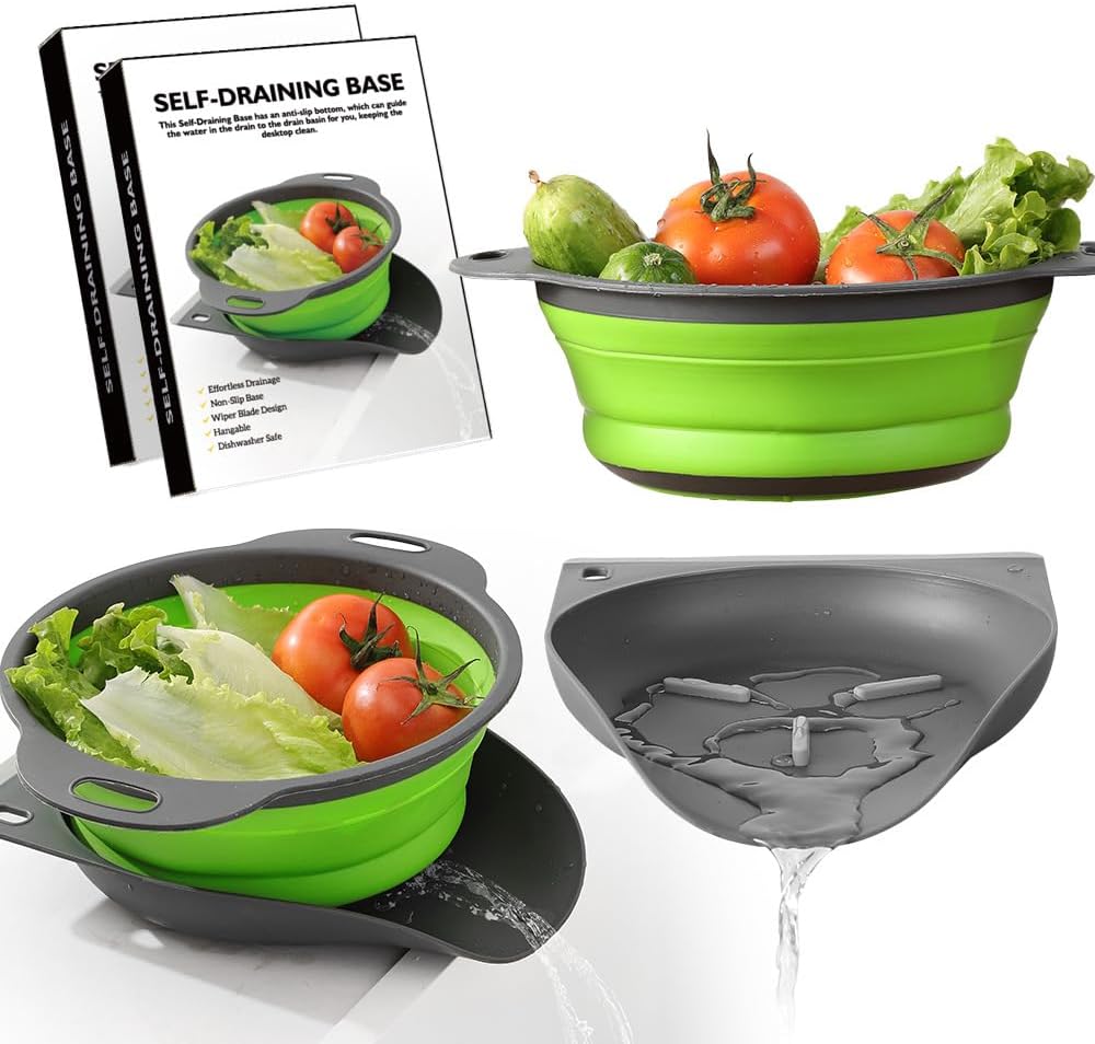 🌟 Foldable Round Colander with Self-Draining Base & Wiper Scraper 
