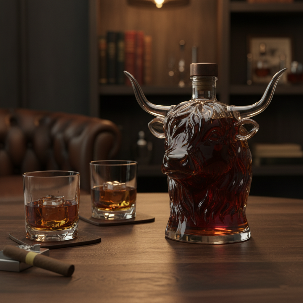 The Highland Bull Decanter – Hand-Blown Lead-Free Crystal Whiskey Dispenser 