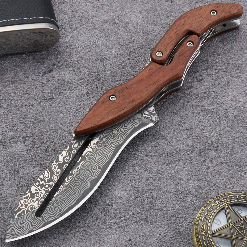 🔥Limited Time Discount 💥Artisan Wood Series: Unique Swing-Lock Folding Knife with Damascus-Style Blade🔪