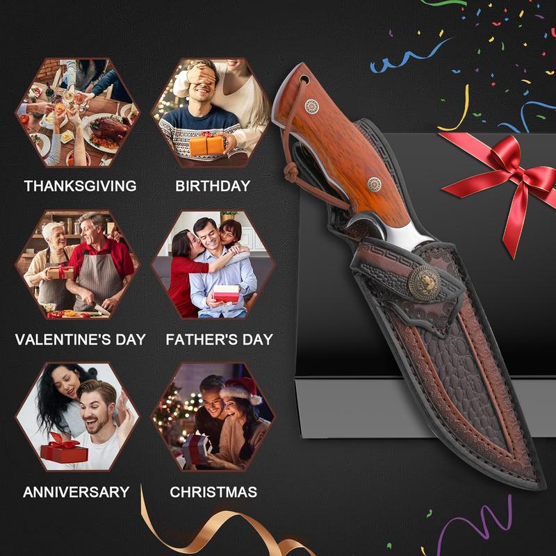 High-end Damascus outdoor straight knife, fixed blade, wooden handle and leather sheath, easy to carry, quick cutting, Christmas holiday gift, men's, outdoor camping knife, knife, mountaineering