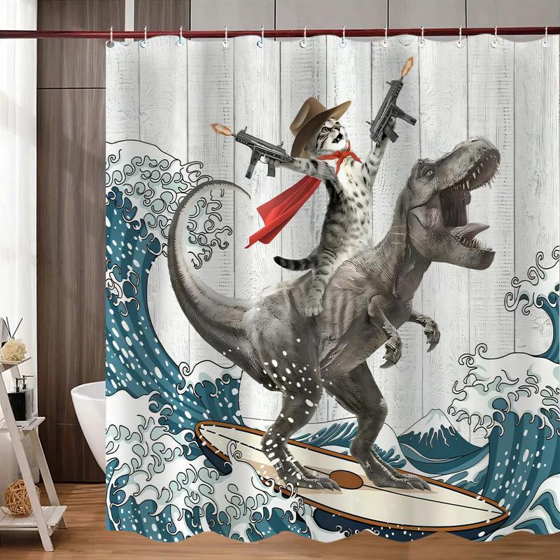 Dinosaur and Cat Pattern Removable Shower Curtain |  Waterproof Bathroom Curtain with 12 Hooks,