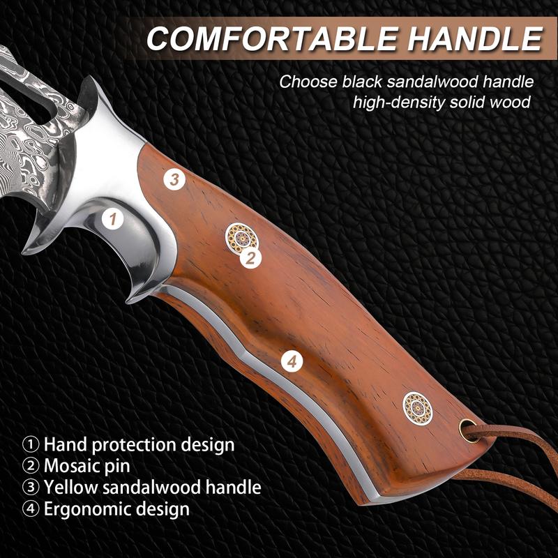 High-end Damascus outdoor straight knife, fixed blade, wooden handle and leather sheath, easy to carry, quick cutting, Christmas holiday gift, men's, outdoor camping knife, knife, mountaineering