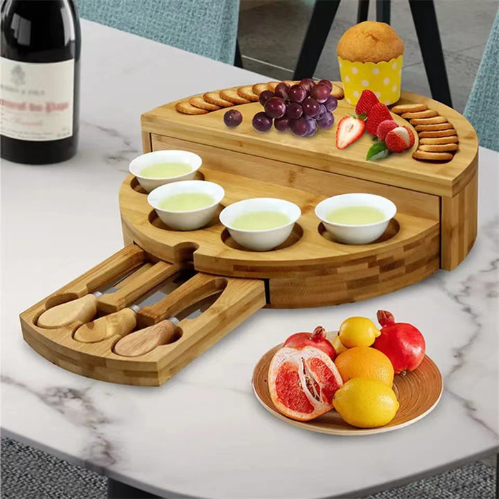 🧀2024 Bamboo Swivel Charcuterie Board🔥With 4 Integrated Ceramic Bowls And 3 Piece Knife Set