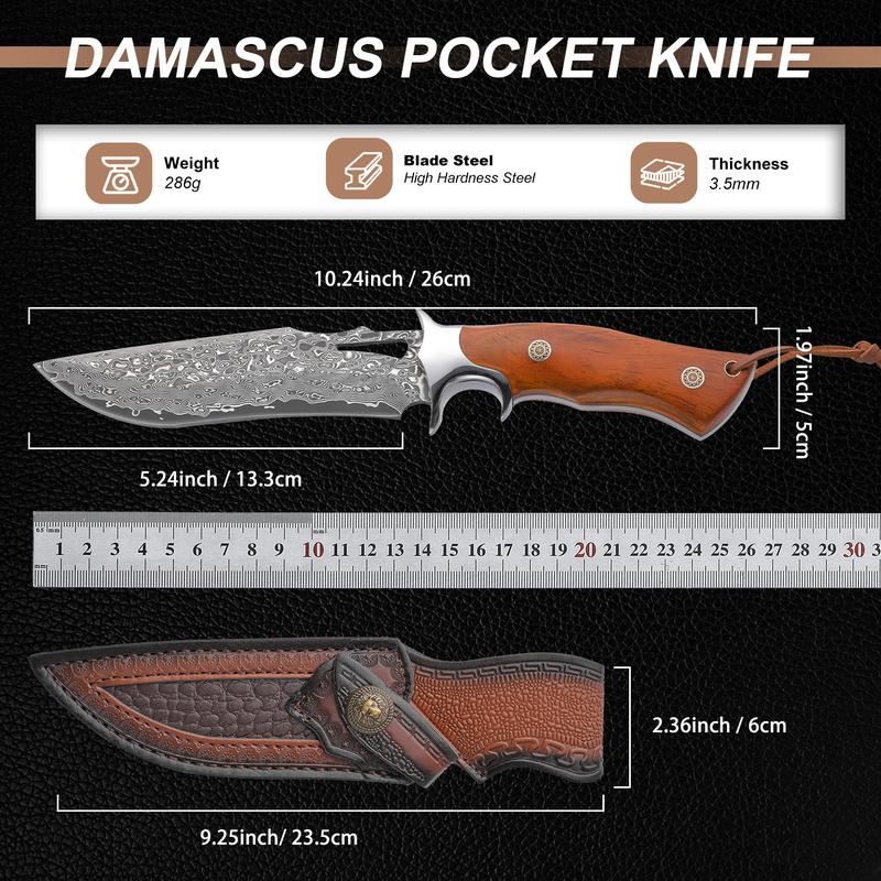 High-end Damascus outdoor straight knife, fixed blade, wooden handle and leather sheath, easy to carry, quick cutting, Christmas holiday gift, men's, outdoor camping knife, knife, mountaineering
