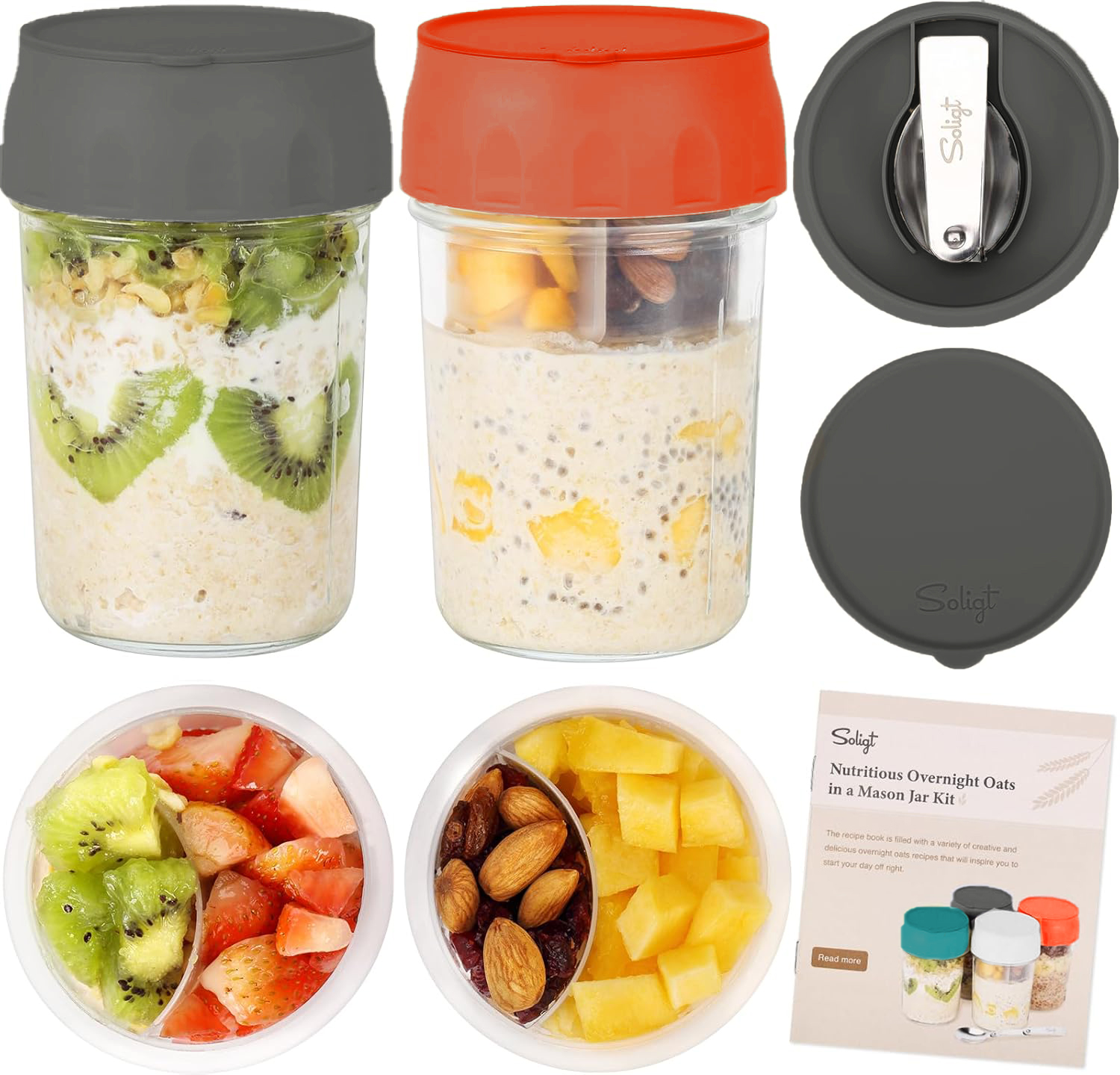 Overnight Oats Containers with Lids Folding Spoons & Divided Compartments 