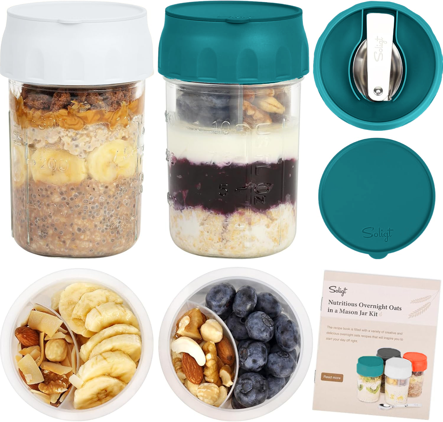 Overnight Oats Containers with Lids Folding Spoons & Divided Compartments 