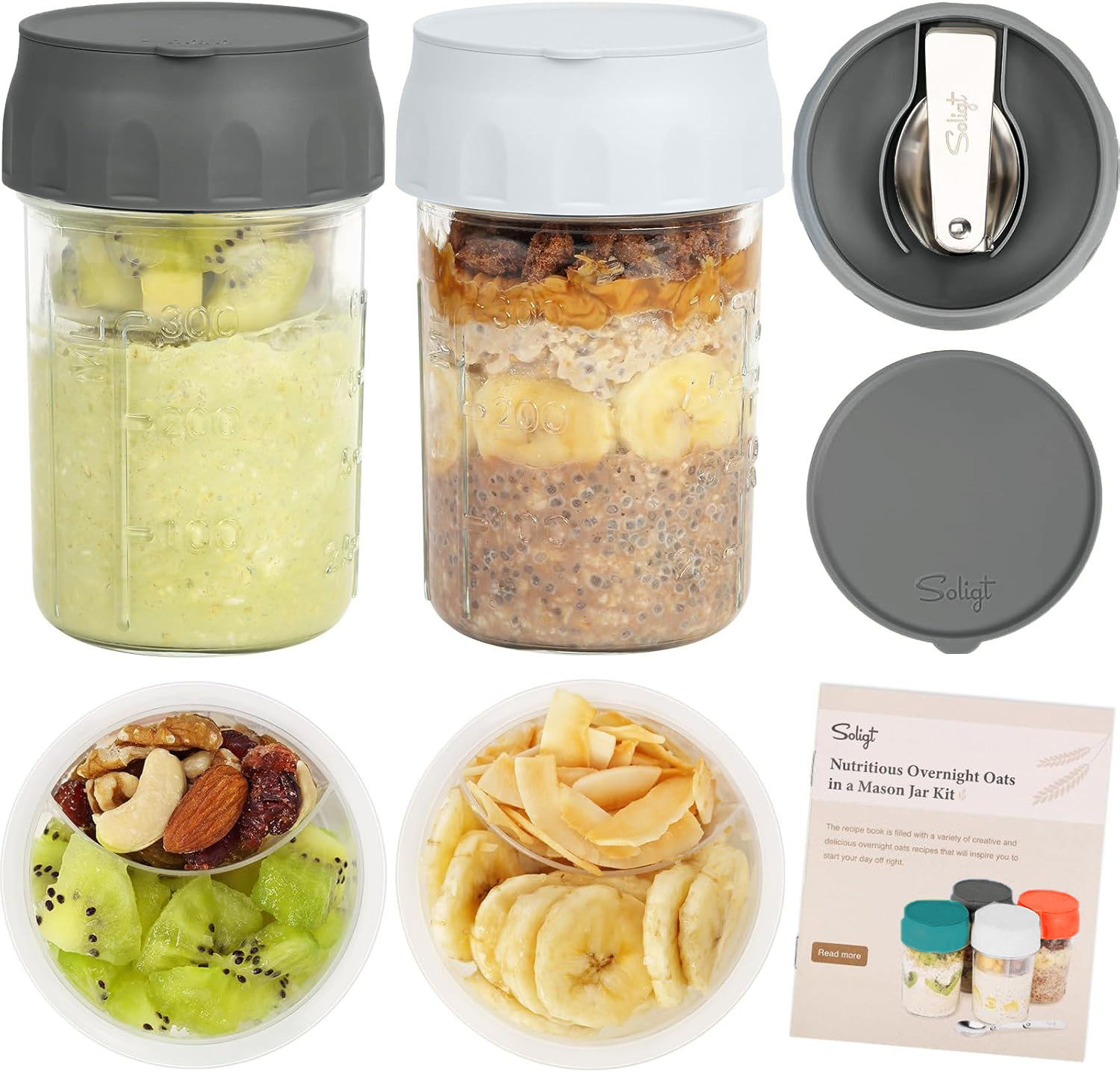 Overnight Oats Containers with Lids Folding Spoons & Divided Compartments 