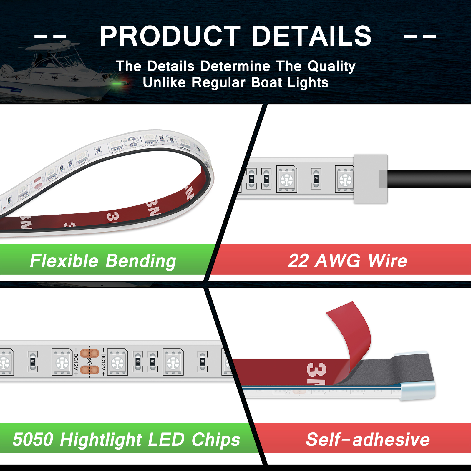 Boat Navigation Light, Marine LED Bow Light, 12inch IP68 Waterproof LED Boat Light, Boat Night Fishing Light, 12V Side Light for Yacht, Pontoon, Kayak (Green and Red Lights)