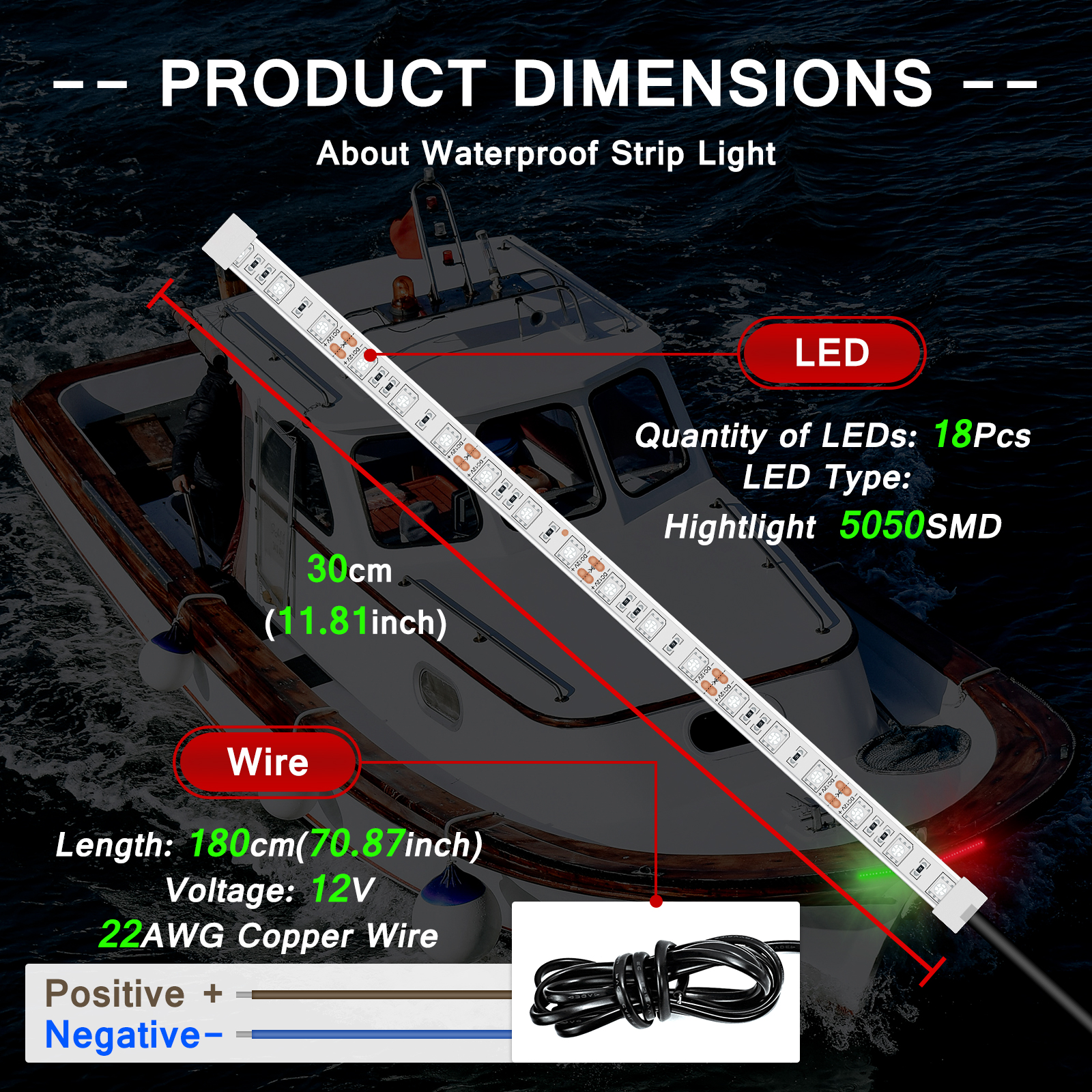 Boat Navigation Light, Marine LED Bow Light, 12inch IP68 Waterproof LED Boat Light, Boat Night Fishing Light, 12V Side Light for Yacht, Pontoon, Kayak (Green and Red Lights)