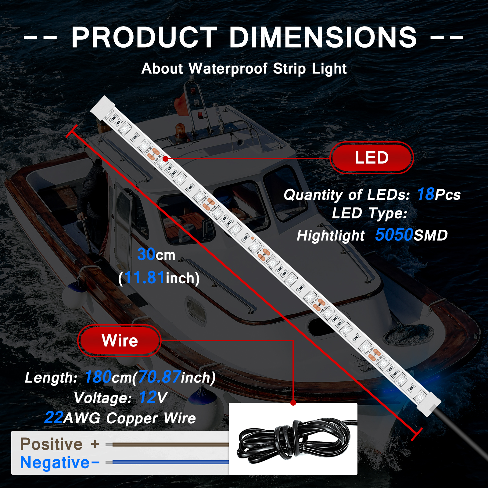 LED Boat Lights, 2Pcs 12” Marine Boat Interior Courtesy Deck Navigation Lights, IP68 Waterproof No Drilling Install marine Lights for Boats Fishing, Pontoon, Sailboat, Kayak, Yacht (12V, Blue)