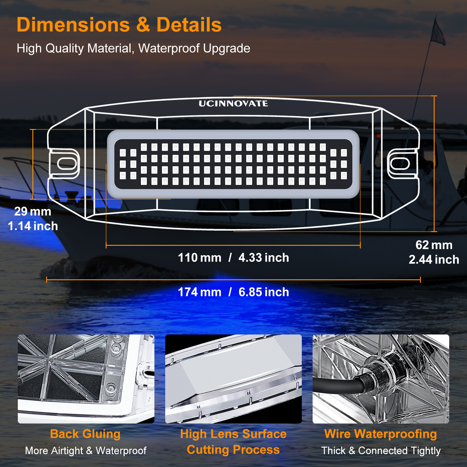 UCINNOVATE 2X 6.9” Marine LED Boat Light, 3000LM 84LED Waterproof Transom Lights, Underwater Light for Yachts, Boats, Sailboat, Pontoon, Transom, Boat Deck Light Stern Lights (Blue, 12-36V, IP68)