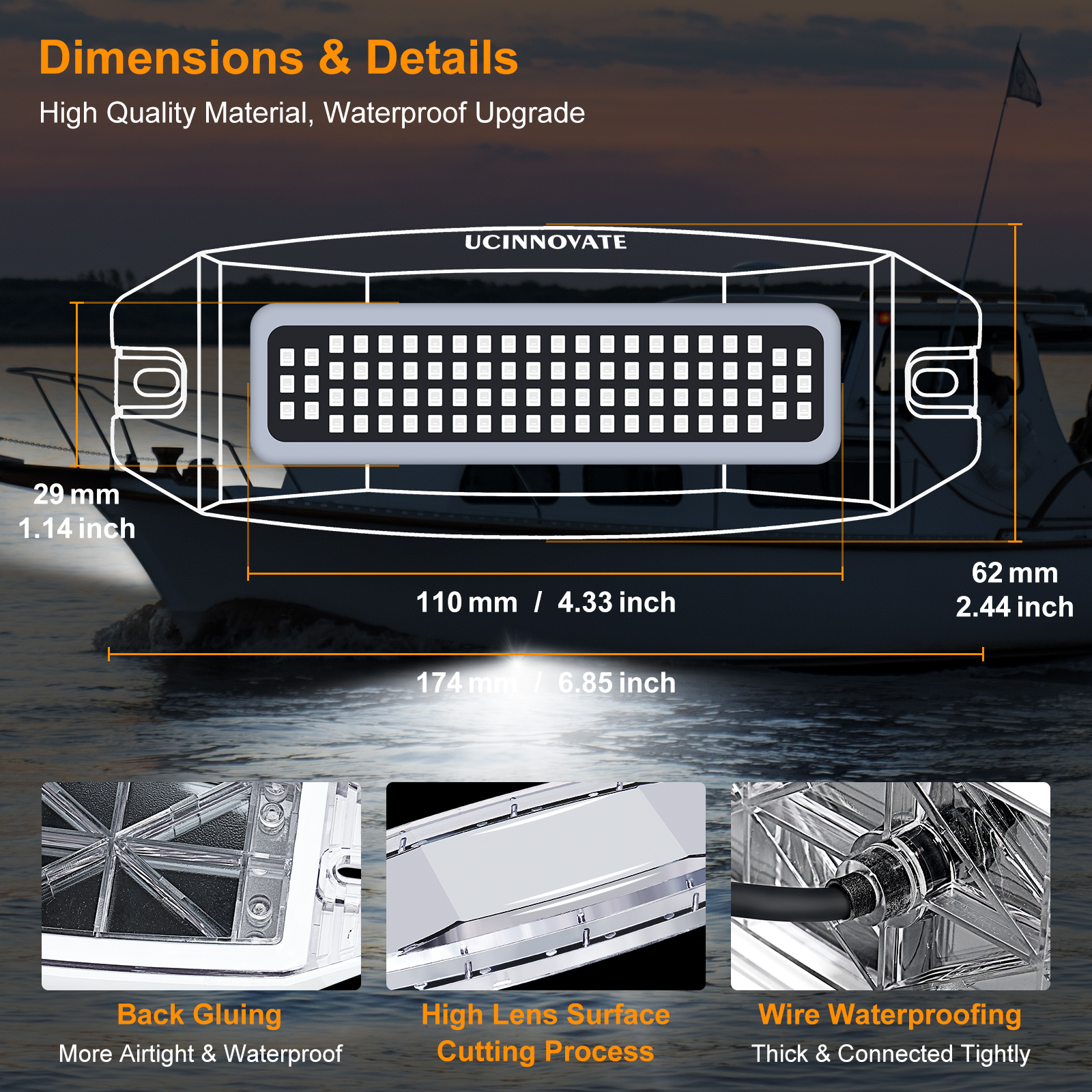 UCINNOVATE 2X 6.9” Marine LED Boat Light, 3000LM 84LED Waterproof Transom Lights, Underwater Light for Yachts, Boats, Sailboat, Pontoon, Transom, Boat Deck Light Stern Lights (White, 12-36V, IP68)