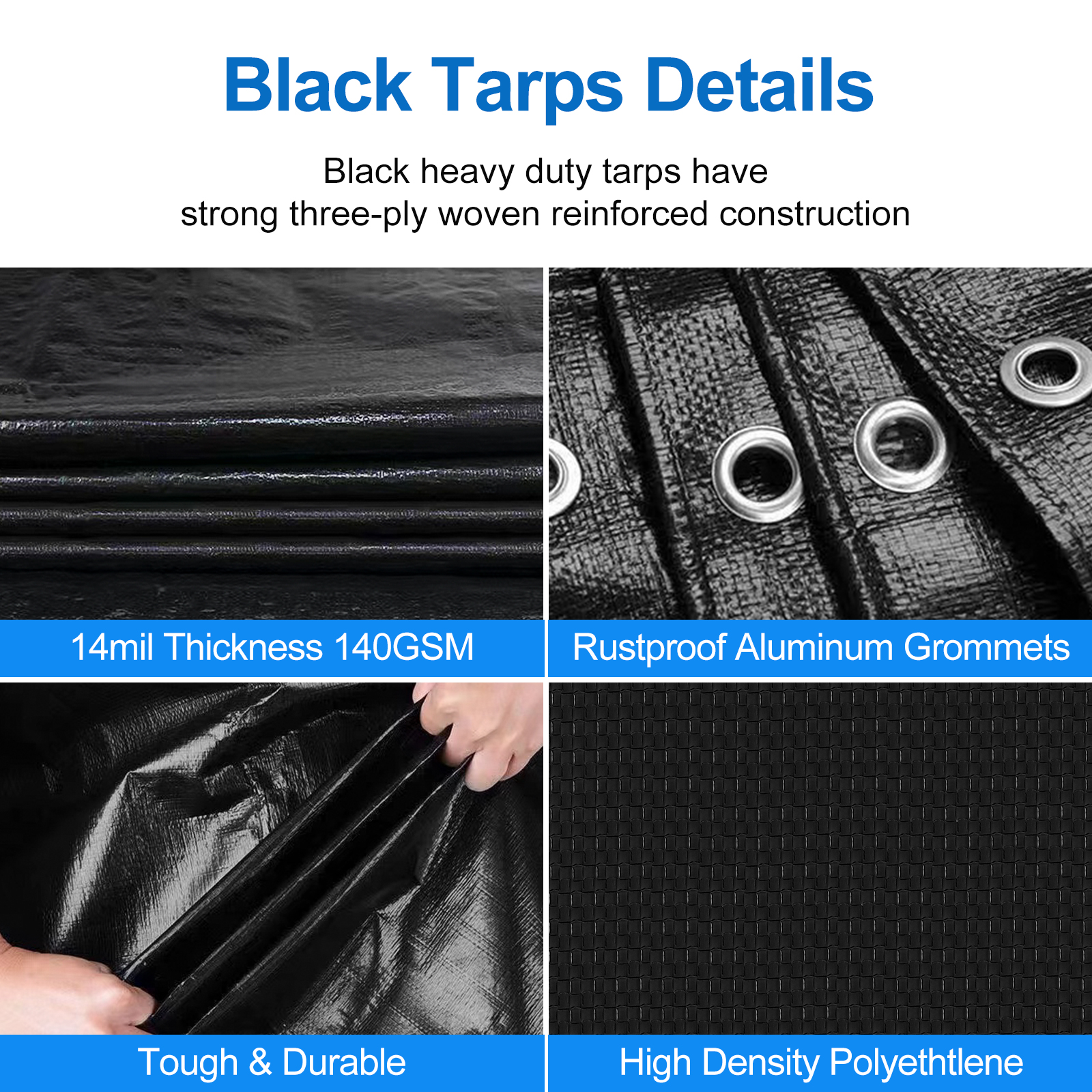 UCINNOVATE 6.5FT x 10FT Black Poly Tarp, Heavy Duty 14 mil Black Waterproof Tarpaulin, Durable Black Plastic Tarp Cover with Grommets for Garden Patio Lawn Shed Greenhouse Frame Roof or Truck