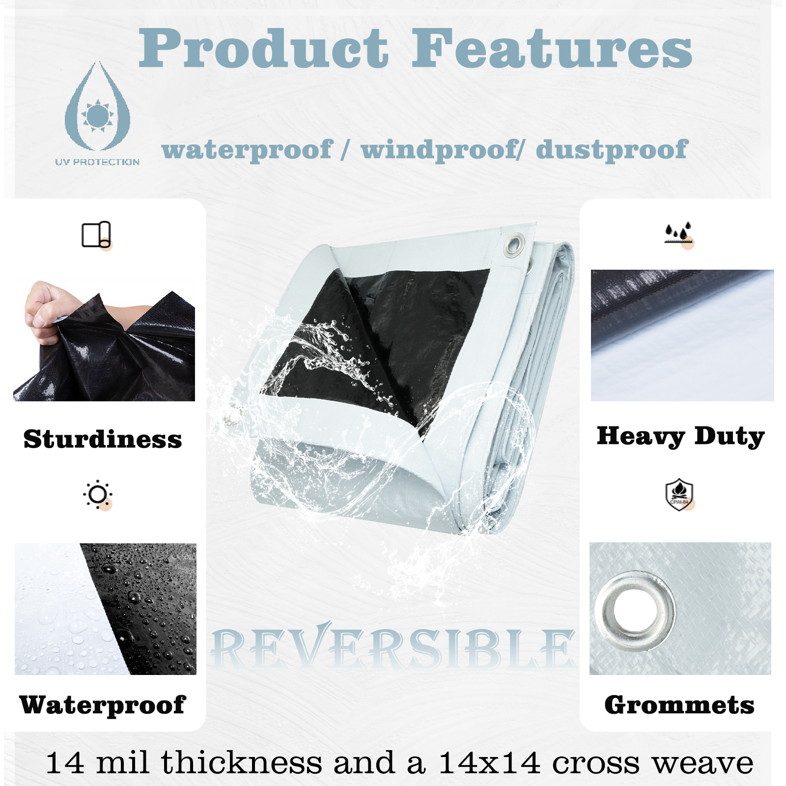 UCINNOVATE 10' x 20' Tarps 14 Mil Heavy Duty Waterproof White/Black Poly Tarp Cover, Thick Weatherproof UV Resistant Tarpaulin with Grommets, Tear Proof Large Protection Tarp for Camping Gazebo Roof