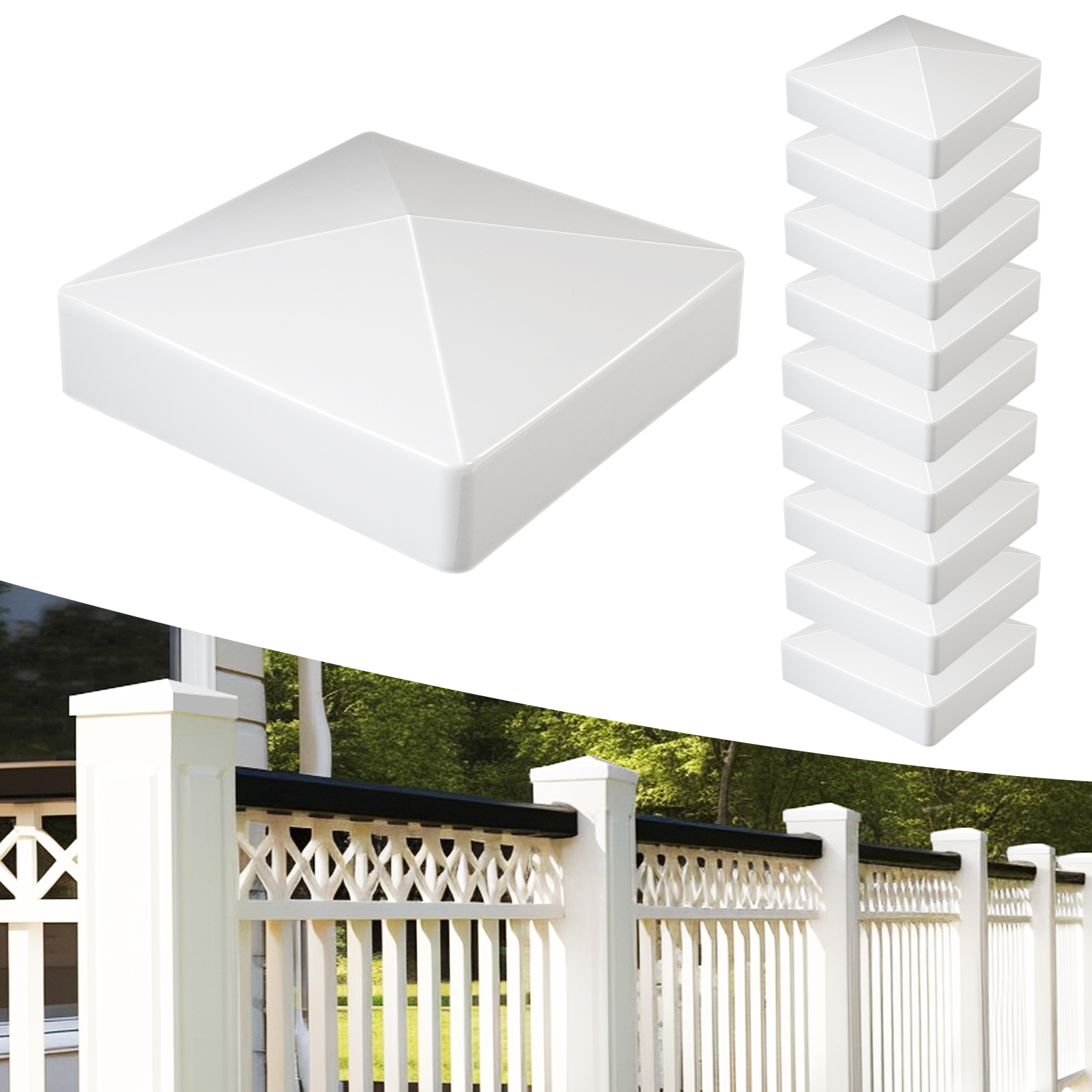 UCINNOVATE 10-Pack 4x4 Vinyl Fence Post Caps 4" x 4" Pyramid White PVC Deck Post Top Caps White Suitable for Actual Size of 4" x 4" Fences, lamp, Deck, Mailbox Wood, Vinyl Posts Decking Caps Cover
