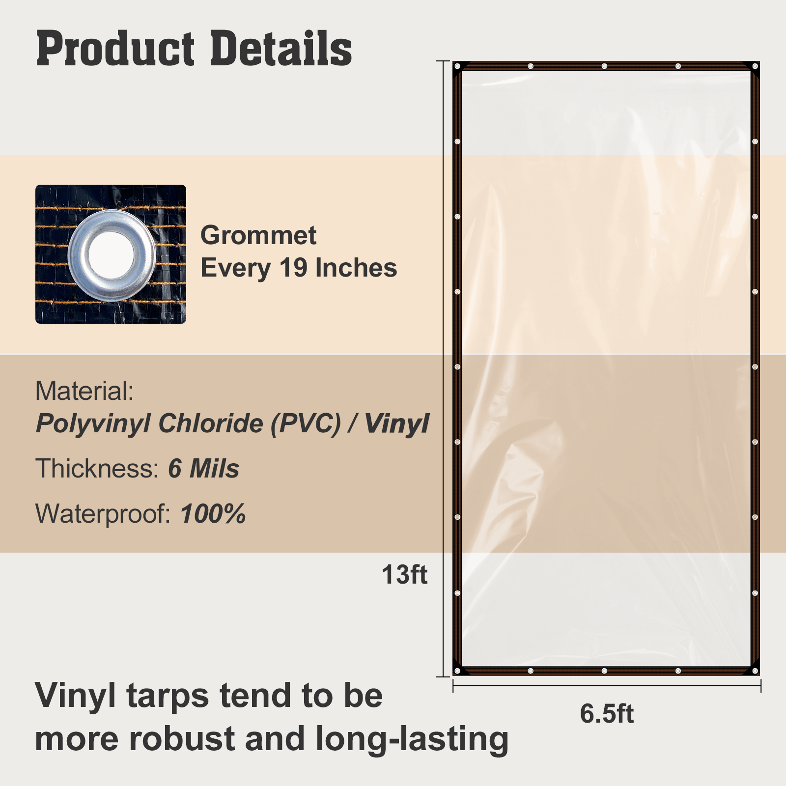 UCINNOVATE 6.5x13 ft Clear Vinyl Tarp Heavy Duty Waterproof, Transparent PVC Clear Plastic Tarp with Grommets Every 19 inch, Windblock Protective Outdoor Tarp Cover for Garden Patio Porch Barn Kennel