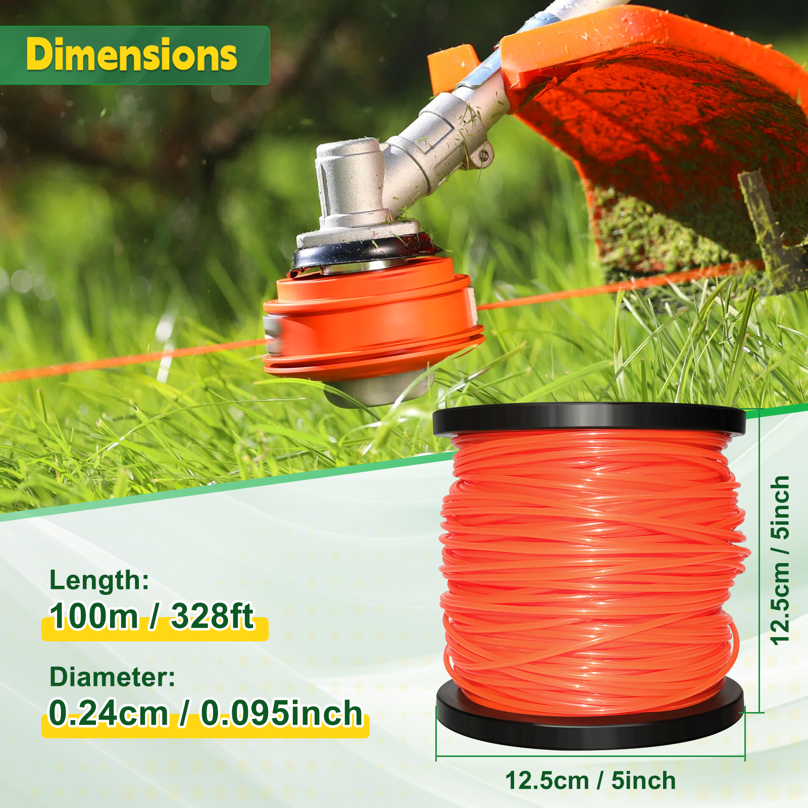 UCINNOVATE String Trimmer Line, 1 Spool Round Weed Eater String 2.4mm x 100m, Nylon Weed Wacker String, 095 Trimmer Line Heavy Duty for Lawn Mowers, Trimmers, Orange (0.095 Inch x 328 Ft)