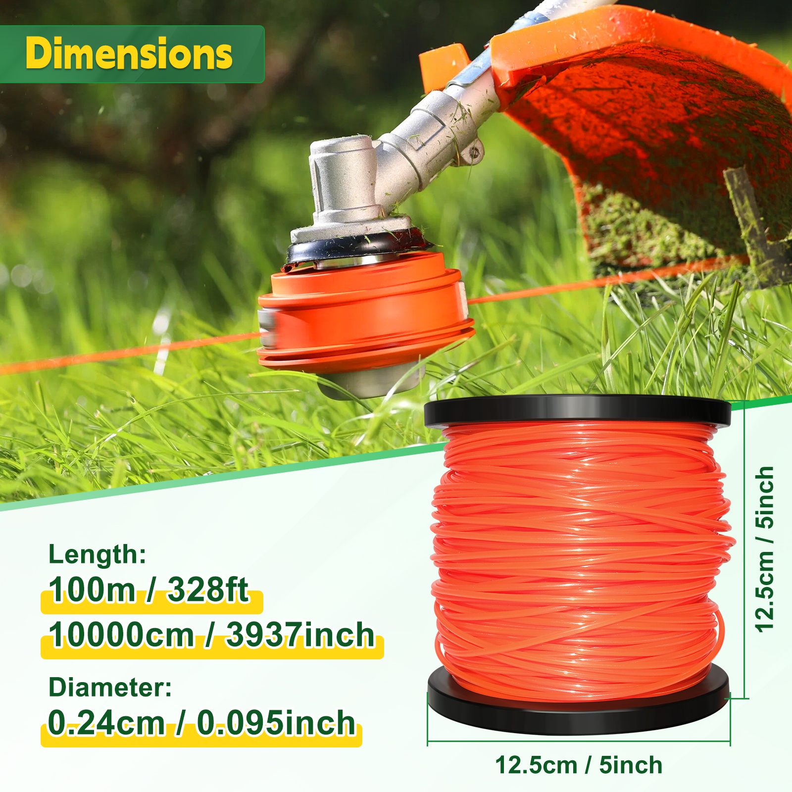 UCINNOVATE String Trimmer Line, 1 Spool Round Weed Eater String 2.4mm x 100m, Nylon Weed Wacker String, 095 Trimmer Line Heavy Duty for Lawn Mower, Orange (0.095 Inch x 328 Ft)