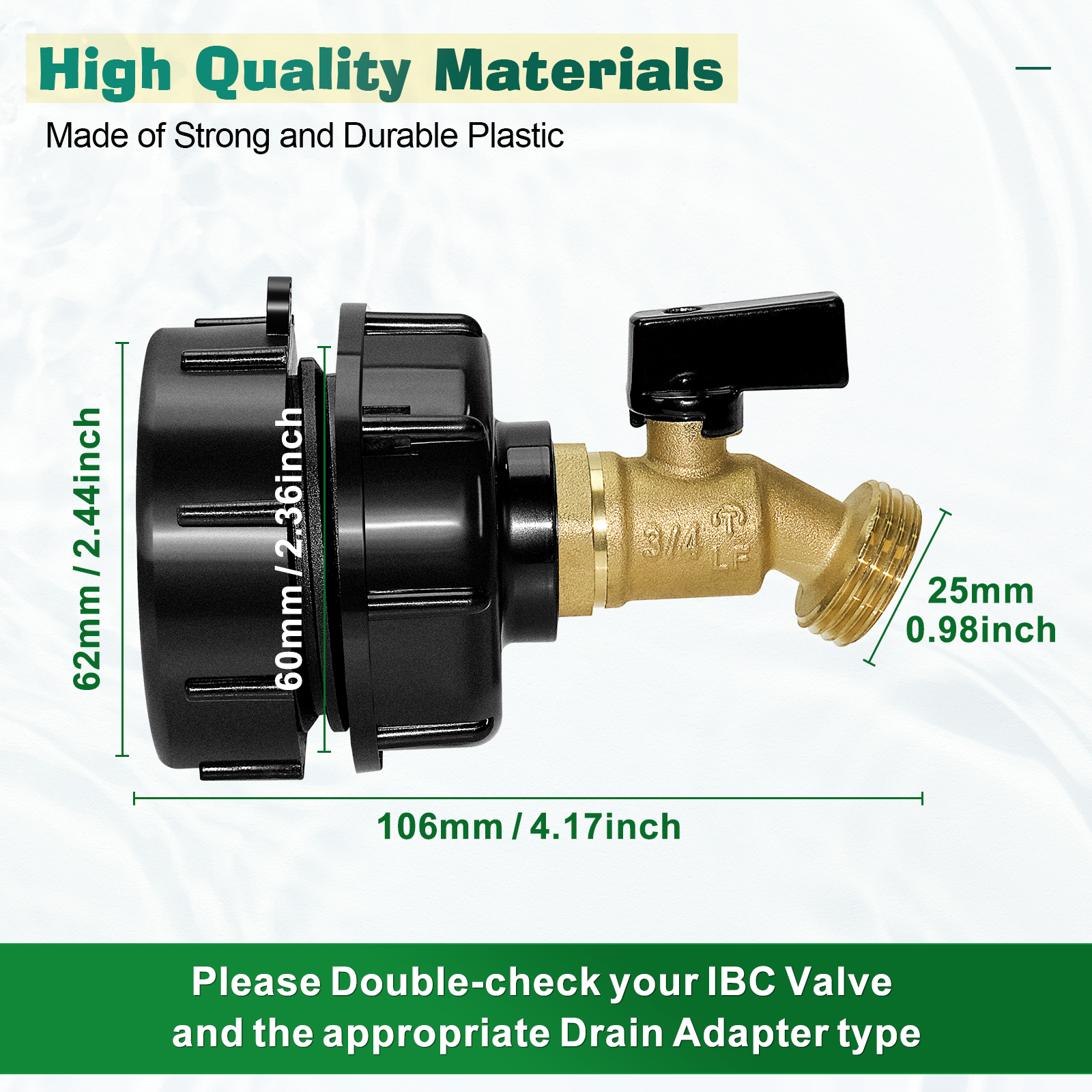 IBC Tote Fittings, IBC Tote Adapter, IBC Tote Tank Adapter 1/2" Male NPT Inlet 3/4" GHT Male Garden Hose Quick Connector Outlet Brass Ball Valve Faucet with 62mm Female Fine Thread for Garden Hose