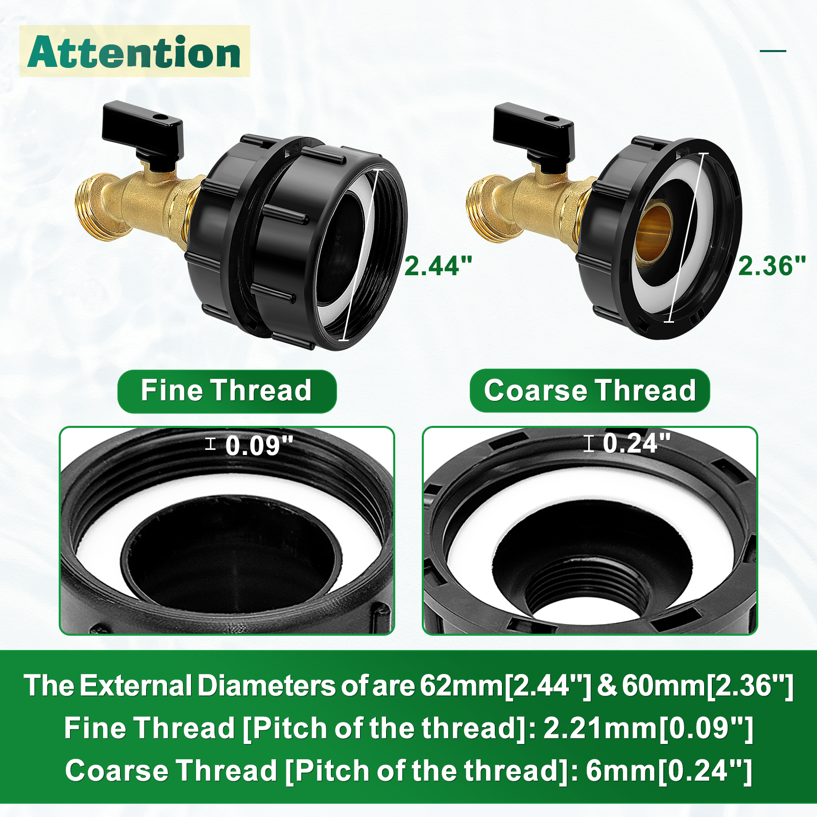 IBC Tote Fittings, IBC Tote Adapter, IBC Tote Tank Adapter 1/2" Male NPT Inlet 3/4" GHT Male Garden Hose Quick Connector Outlet Brass Ball Valve Faucet with 62mm Female Fine Thread for Garden Hose