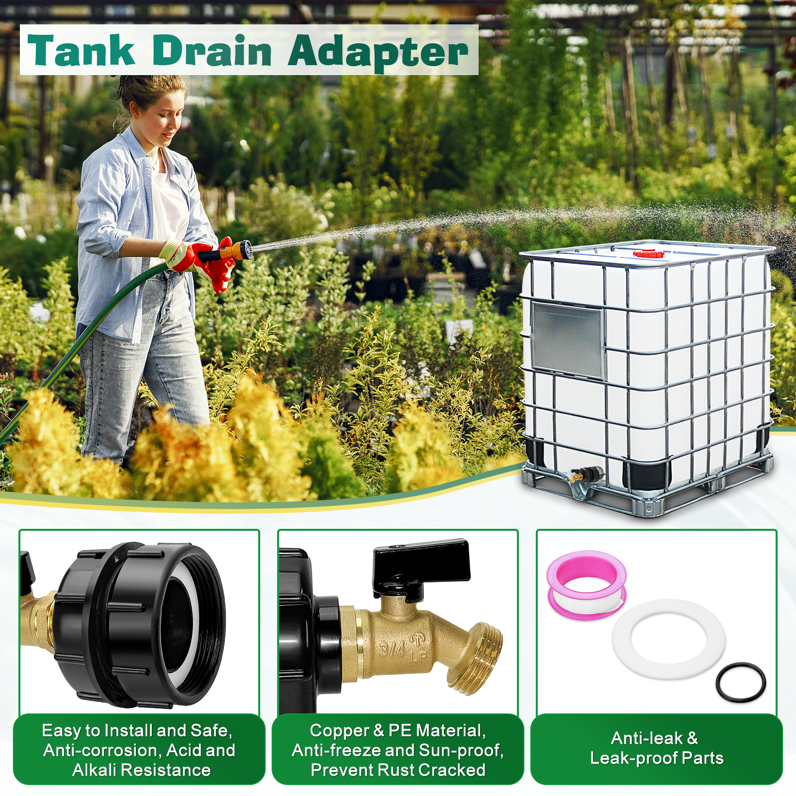 IBC Tote Fittings, IBC Tote Adapter, IBC Tote Tank Adapter 1/2" Male NPT Inlet 3/4" GHT Male Garden Hose Quick Connector Outlet Brass Ball Valve Faucet with 62mm Female Fine Thread for Garden Hose