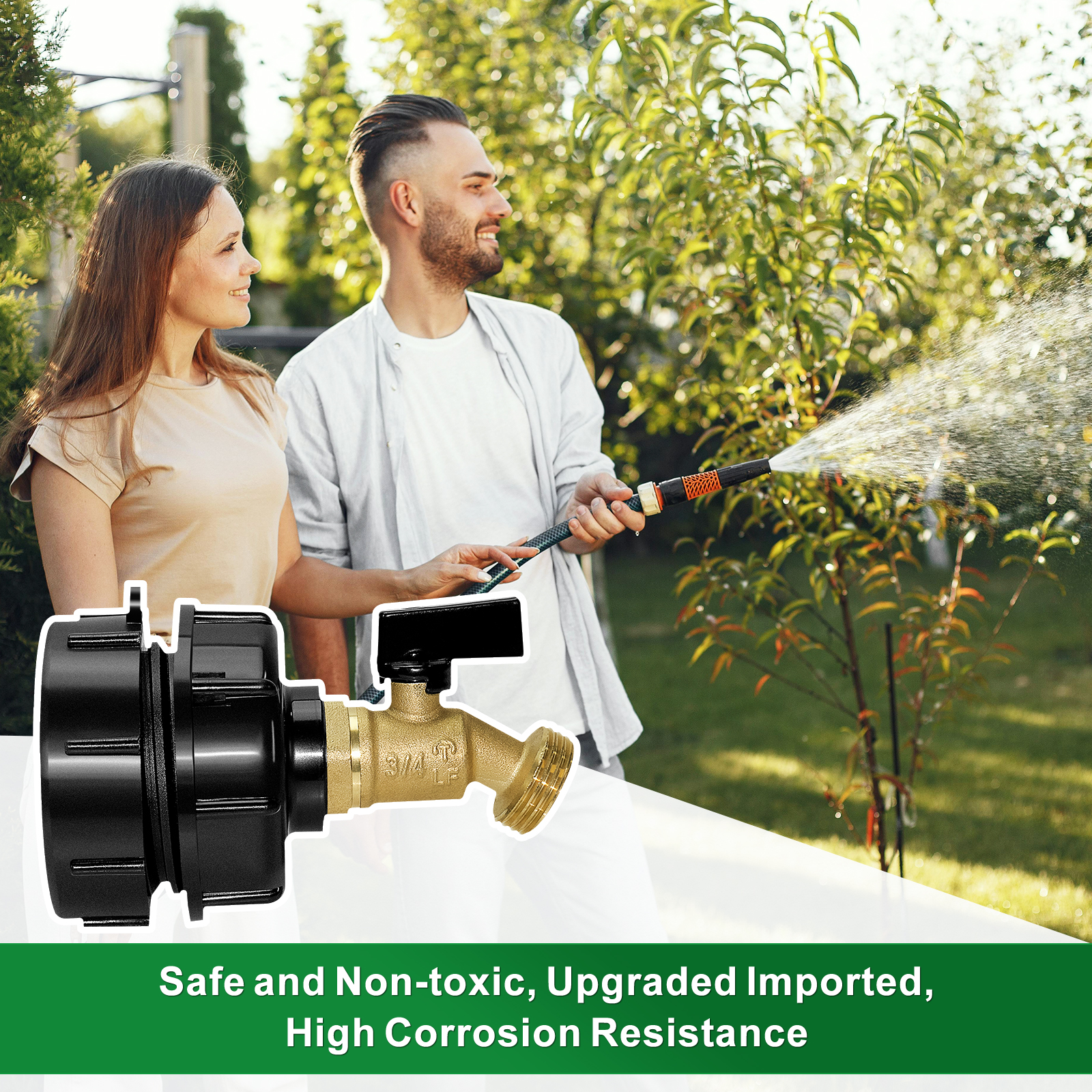 IBC Tote Fittings, IBC Tote Adapter, IBC Tote Tank Adapter 1/2" Male NPT Inlet 3/4" GHT Male Garden Hose Quick Connector Outlet Brass Ball Valve Faucet with 62mm Female Fine Thread for Garden Hose