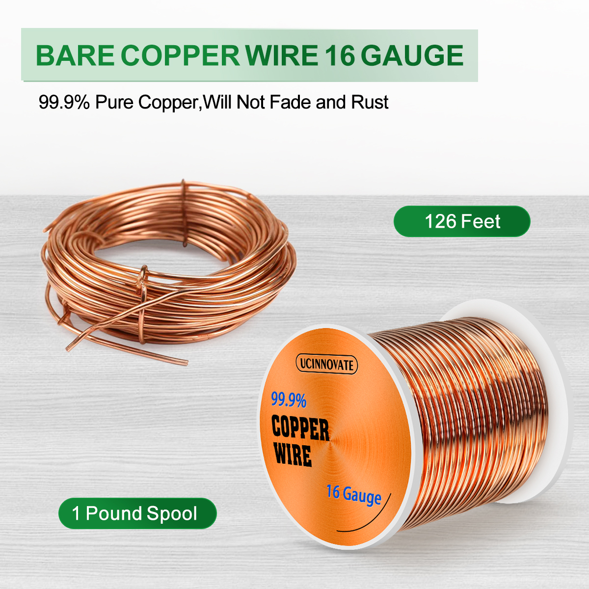 UCINNOVATE 99.9% Copper Wire, 16 Gauge Soft Copper Wire 127 Feet / 39m, 1 lb Spool Pure Copper Wire for Jewelry Making, Bare Copper Wire for Electroculture Gardening Brass Copper Wire for Plants