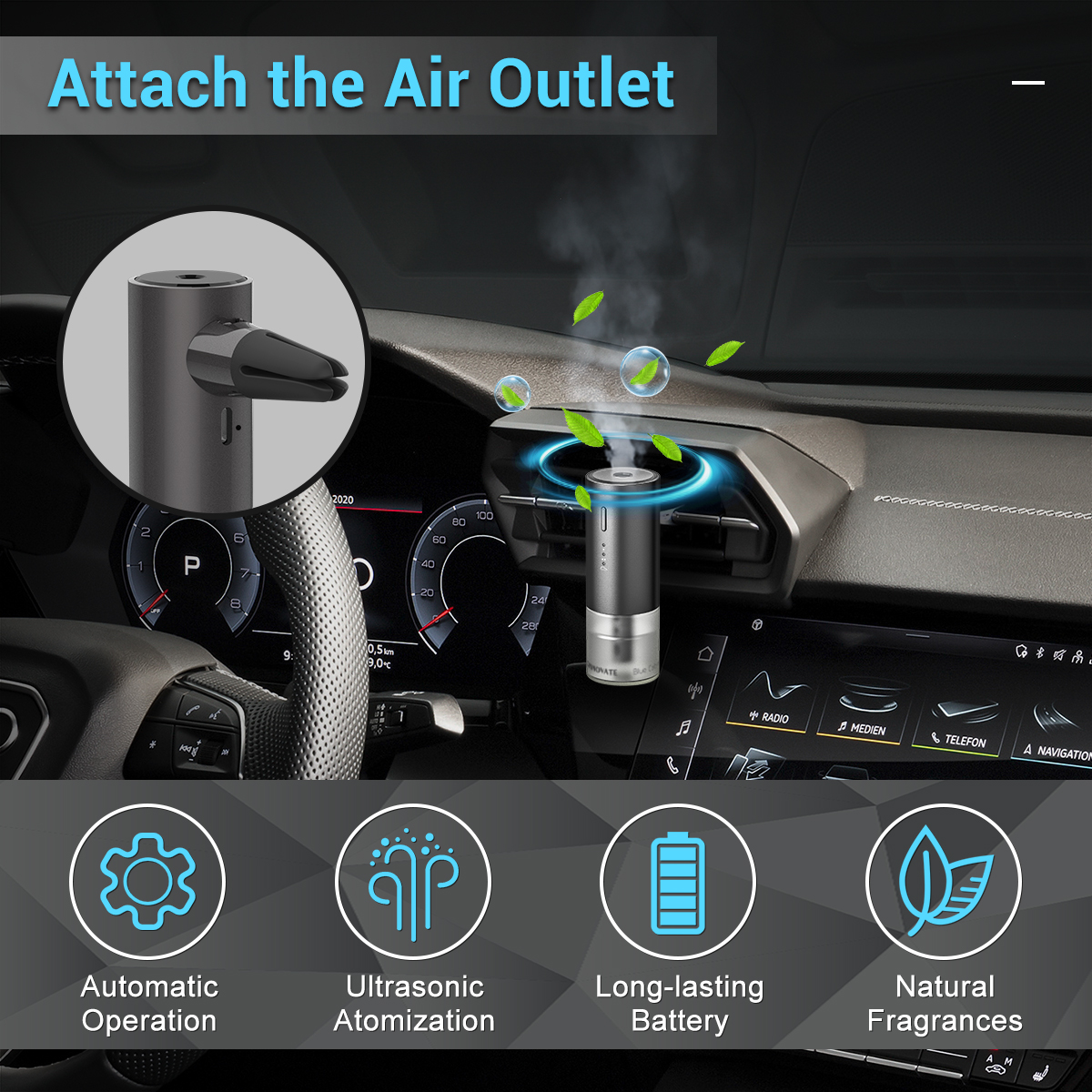 UCINNOVATE Smart Car Air Diffuser - Automatic On/Off Car Diffuser with Vent Clip, USB Diffuser 3 Mode Concentration Ultrasonic Atomizer Aroma Diffuser, French Natural Fragrance Cologne Scent for Car Office Home