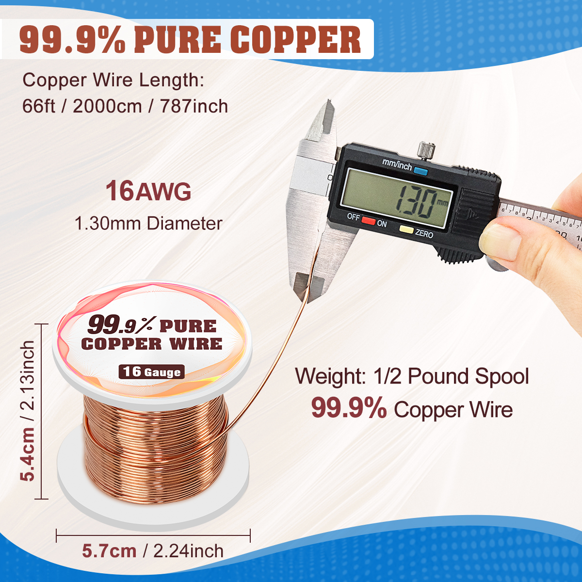 UCINNOVATE 99.9% Copper Wire, 16 Gauge Pure Copper Wire for Jewelry Making, 66FT 1.3mm Diameter Solid Bare Copper Wire for Electroculture Gardening, Soft Copper Wire 16 Gauge for Craft 1/2 Lb Spool