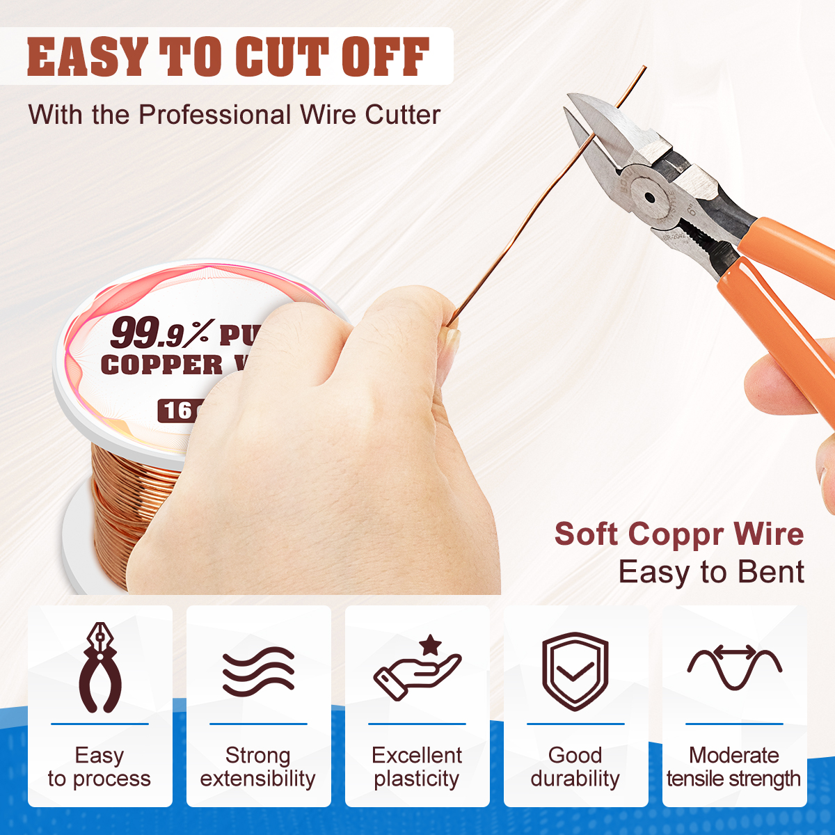 UCINNOVATE 99.9% Copper Wire, 16 Gauge Pure Copper Wire for Jewelry Making, 66FT 1.3mm Diameter Solid Bare Copper Wire for Electroculture Gardening, Soft Copper Wire 16 Gauge for Craft 1/2 Lb Spool