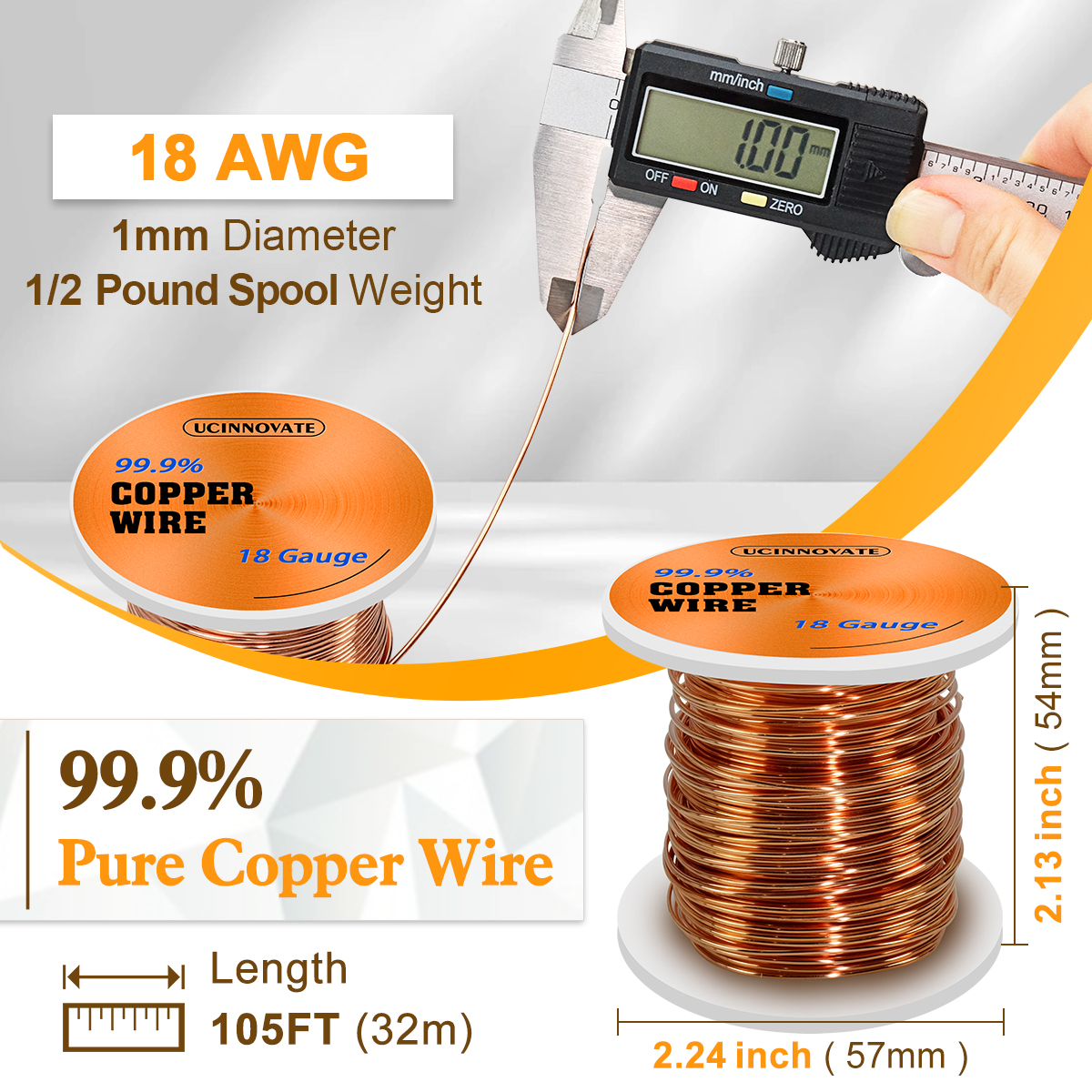 18 Gauge Copper Wire for Jewelry Making, 105FT 18 AWG Crafts Jewelry Wire 99.9% Solid Bare Pure Copper Wire 1/2 BL Spool, 1mm Diameter Full-Round Uncoated Beading Copper Crafting Wire